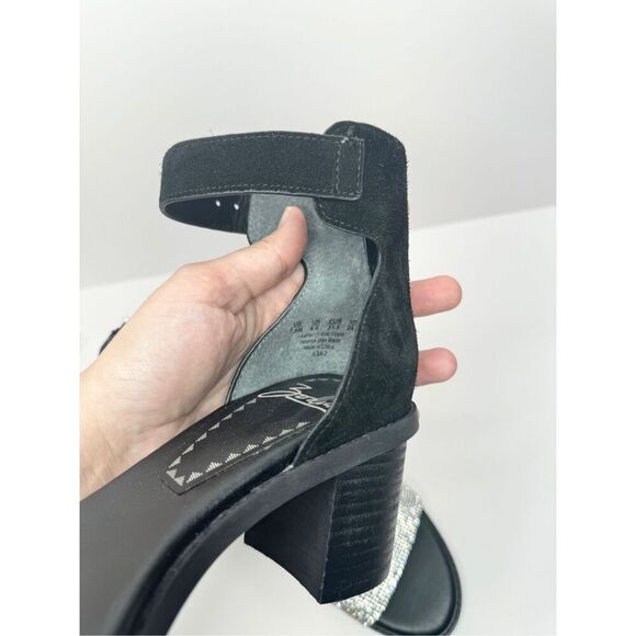 ZODIAC‎ Sandals Size 7.5 Black Leather Ankle-Strap Zip Block-Heel Rhinestone - Picture 8 of 9